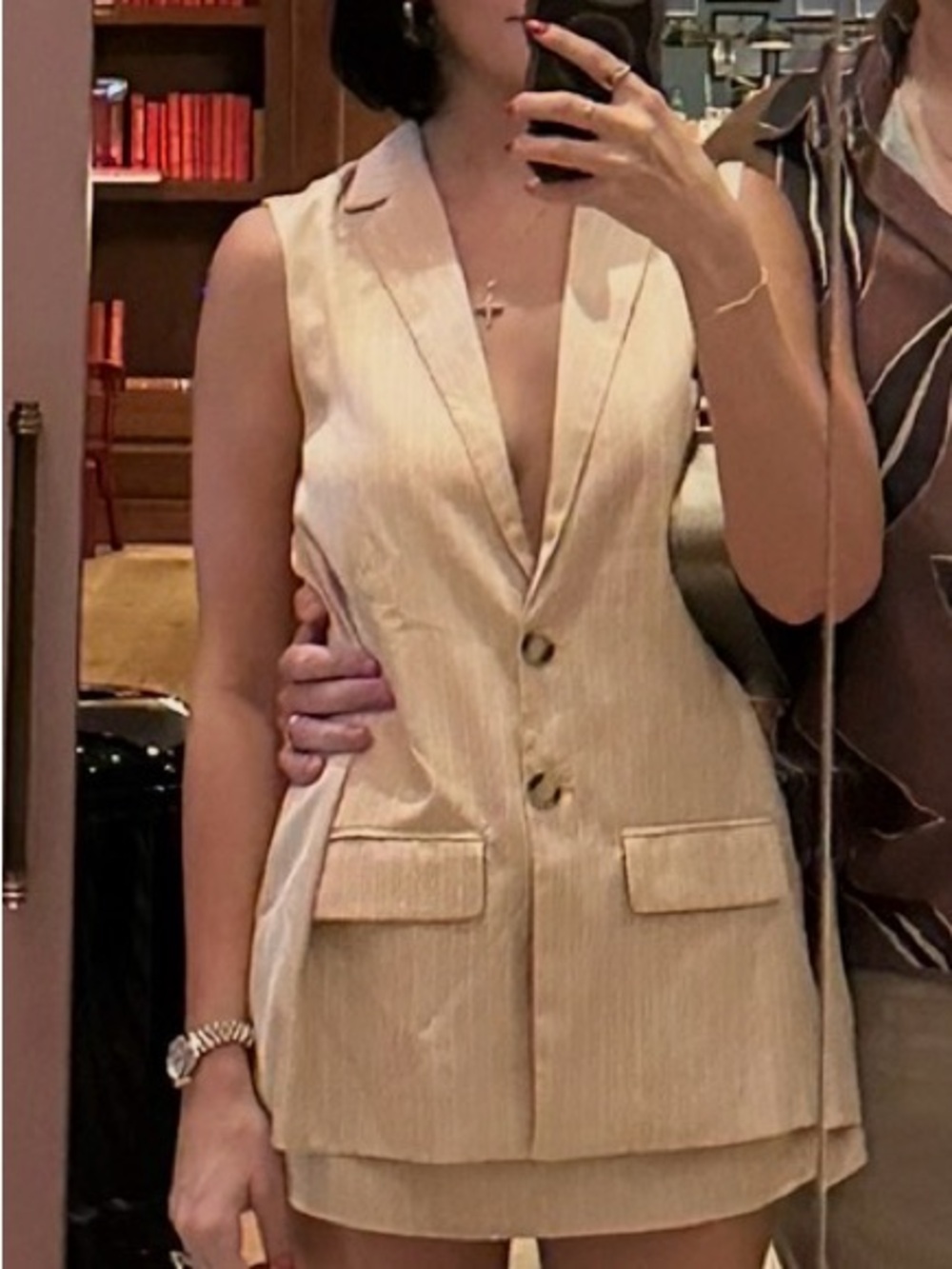 Revolve Beige Pinstripe Sleeveless Blazer and Skirt Set - Picture 3 of 5